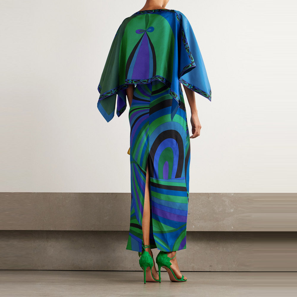 Irregular Print Shawl Dress Two-Piece Set