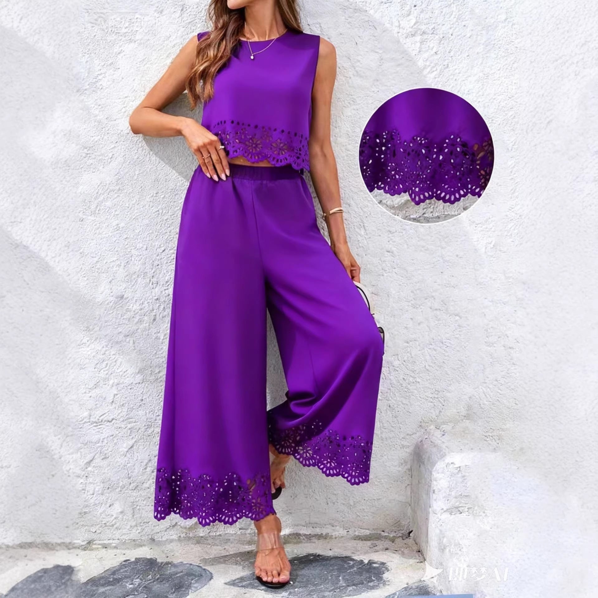 Fashionable Resort-Style Casual Hollow-Out Tank Top And Pants Two-Piece Set