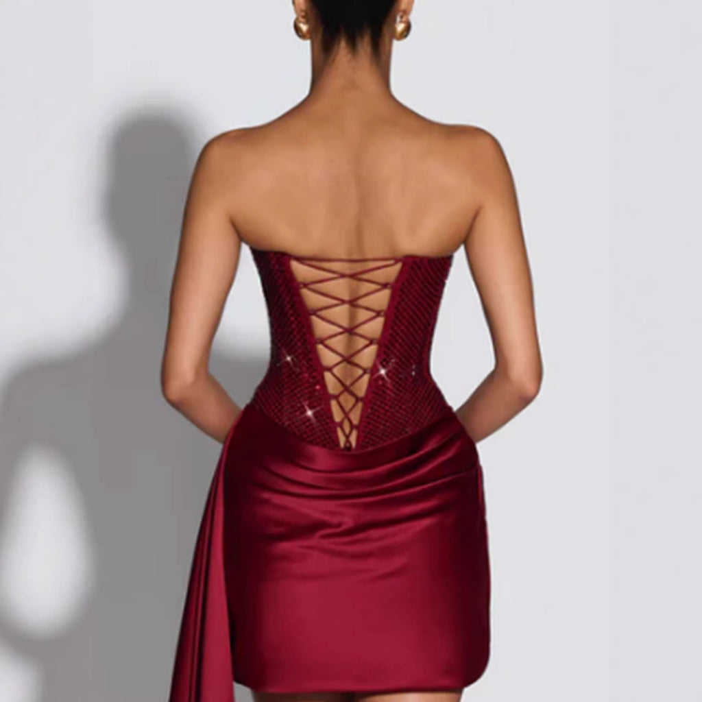 Women's Strapless Glittering Diamond Waist-Cinching Dress