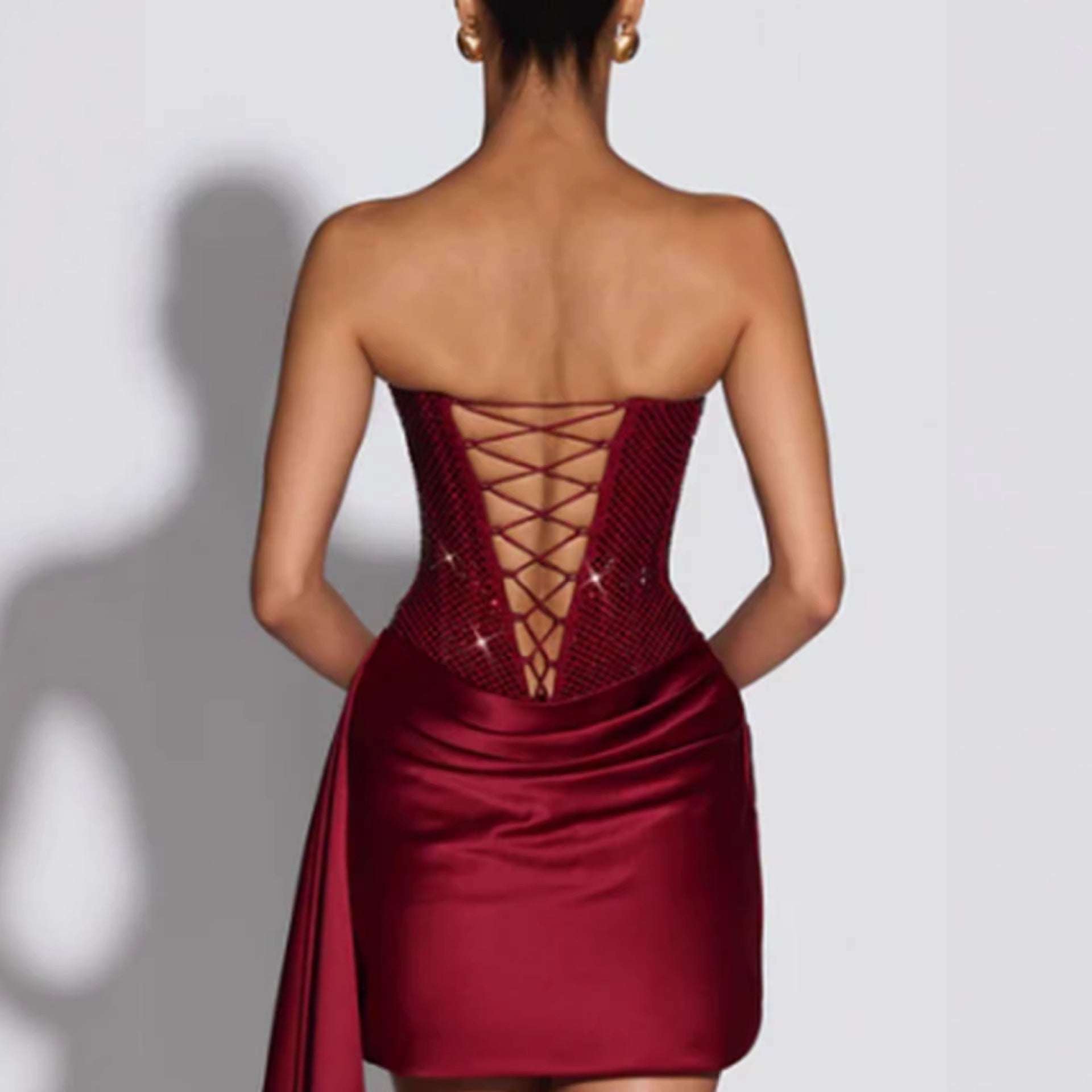 Women's Strapless Glittering Diamond Waist-Cinching Dress