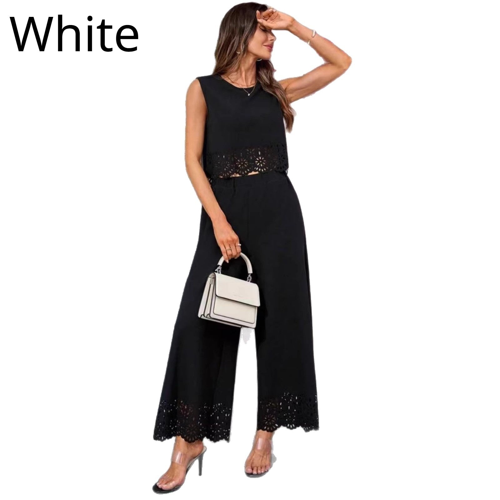 Fashionable Resort-Style Casual Hollow-Out Tank Top And Pants Two-Piece Set