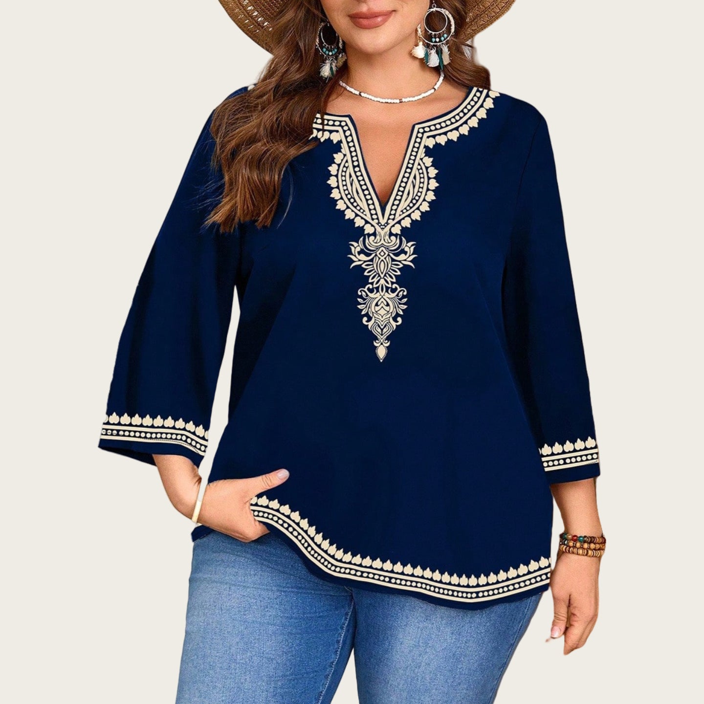 Fashionable Casual V-Neck Ethnic-Style Printed Three-Quarter-Sleeve Shirt Top