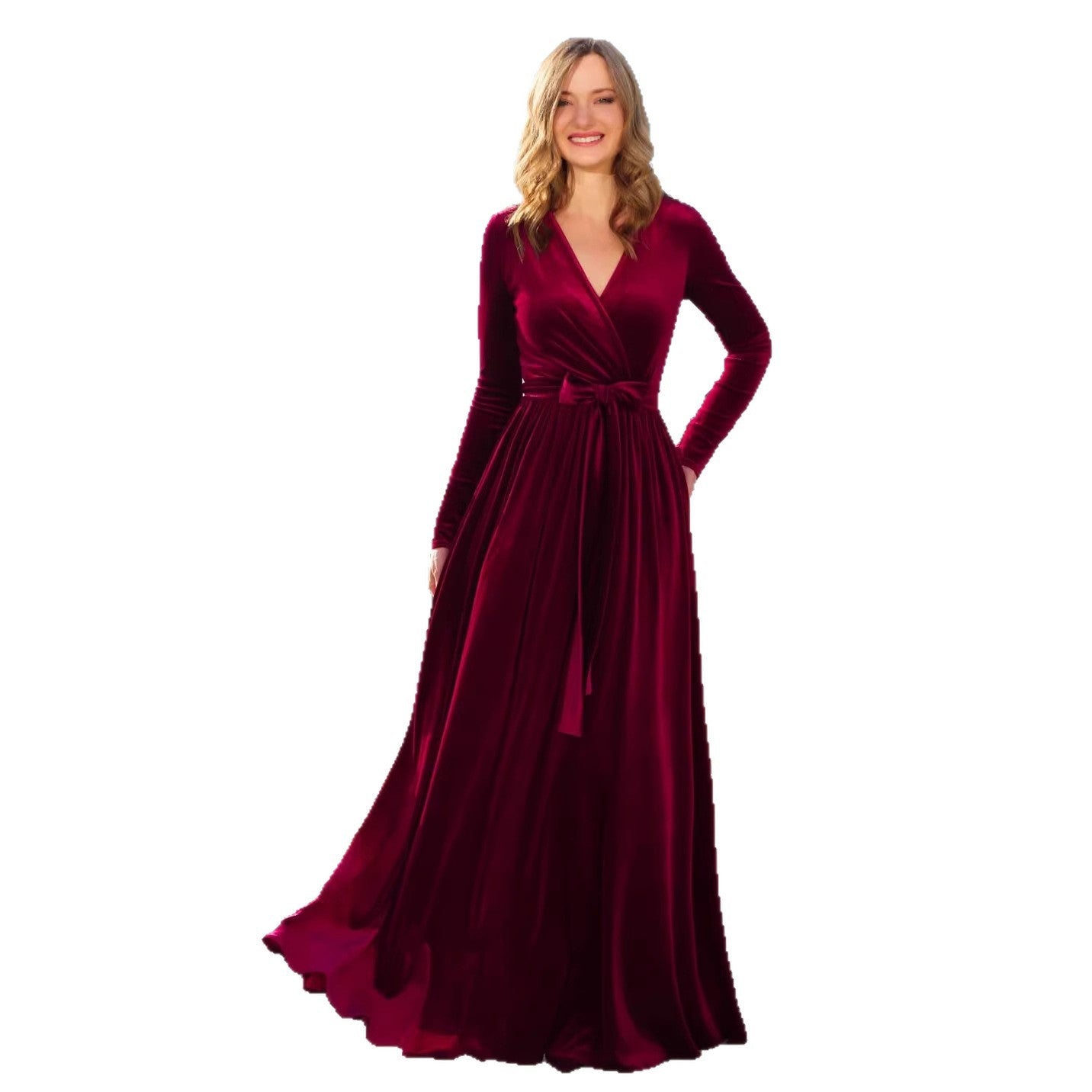 Women's Korean Fleece Long V-Neck Dress