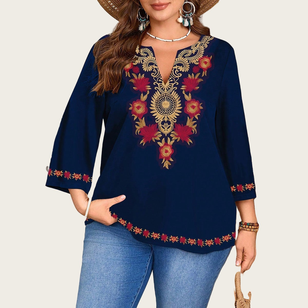 Fashionable Casual V-Neck Ethnic-Style Printed Three-Quarter-Sleeve Shirt Top
