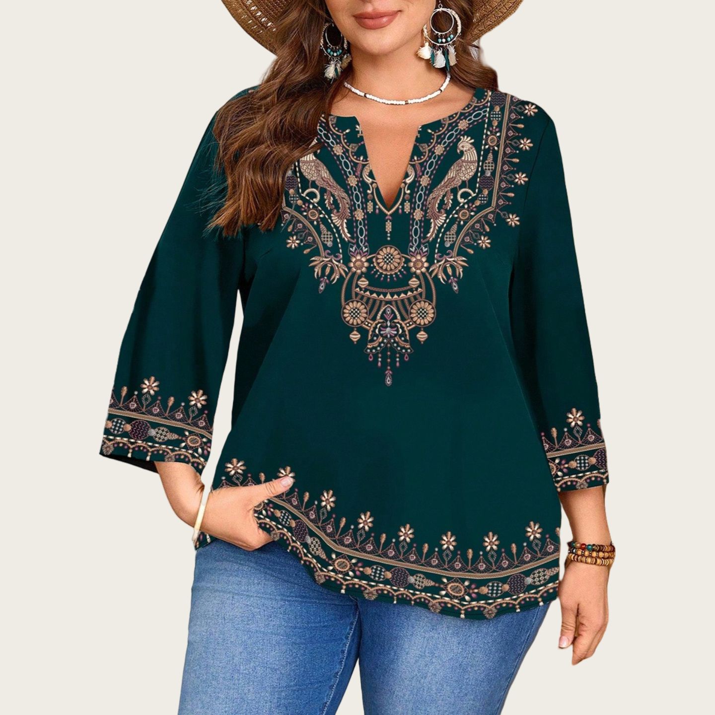 Fashionable Casual V-Neck Ethnic-Style Printed Three-Quarter-Sleeve Shirt Top