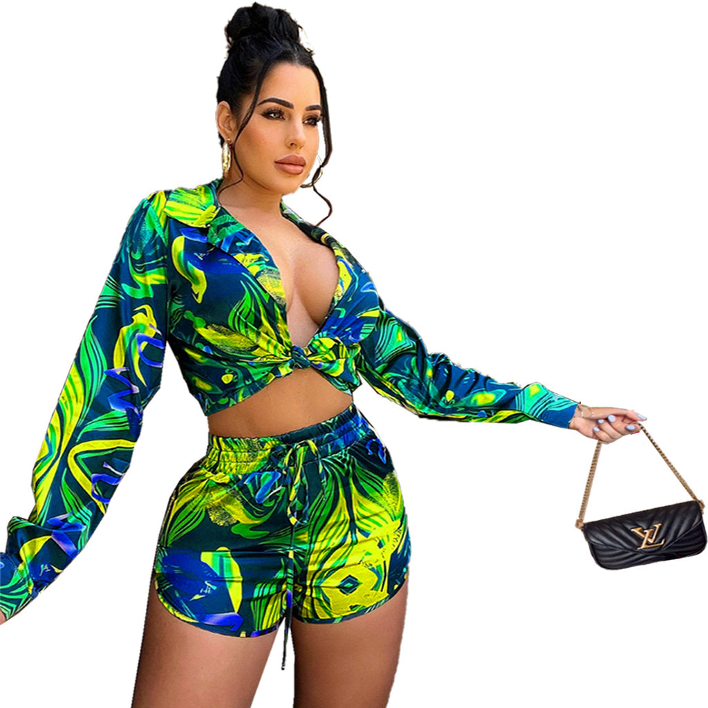 Womens Printed Short-Sleeve Shirt And Casual Hot-Pants Set