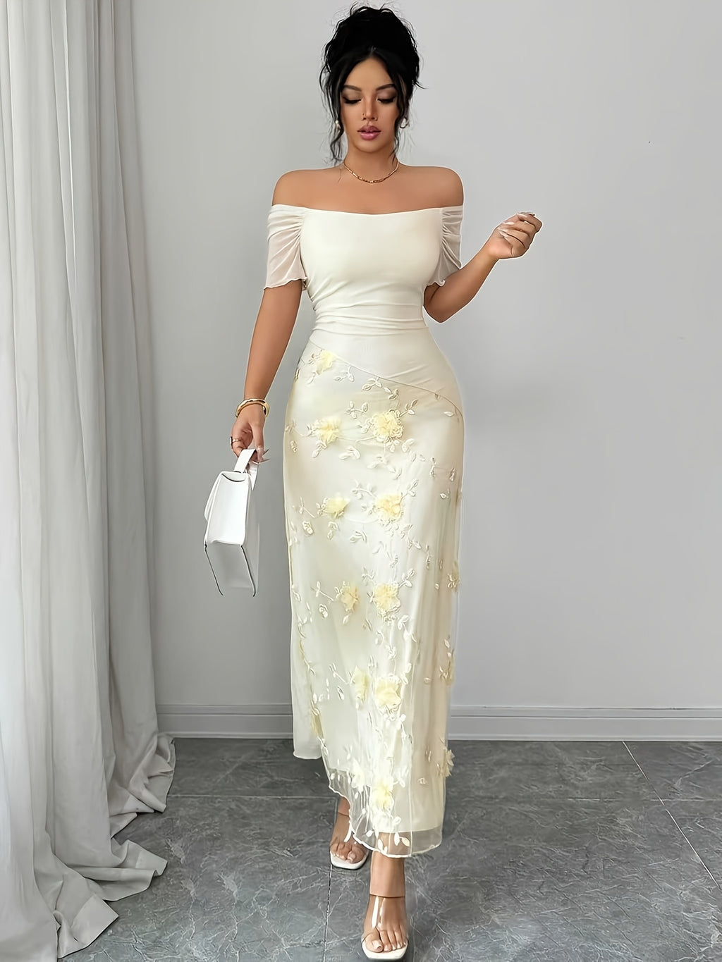 A New Elegant And Three-dimensional Floral Fabric Spliced Off-the-shoulder, Figure-hugging Mesh Mid-length Dress For Women In Summer