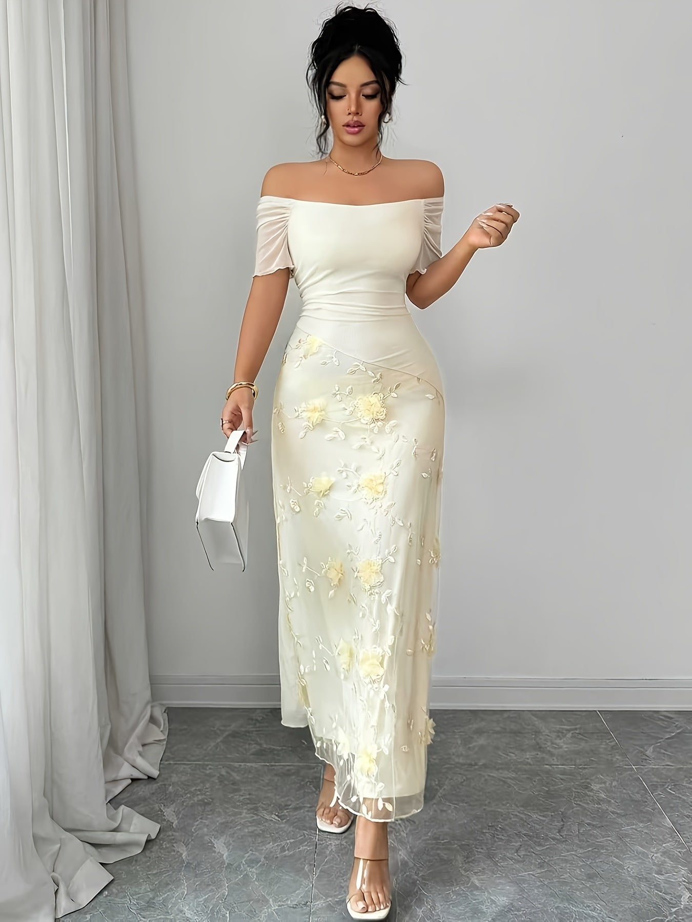 A New Elegant And Three-dimensional Floral Fabric Spliced Off-the-shoulder, Figure-hugging Mesh Mid-length Dress For Women In Summer