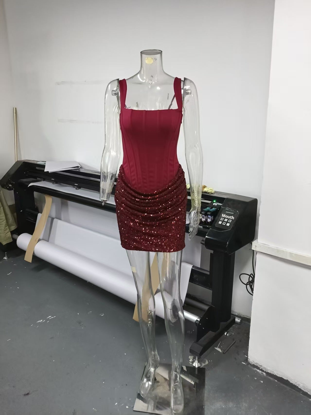 Women's Patchwork Wine-Red Sheath Mini Dress