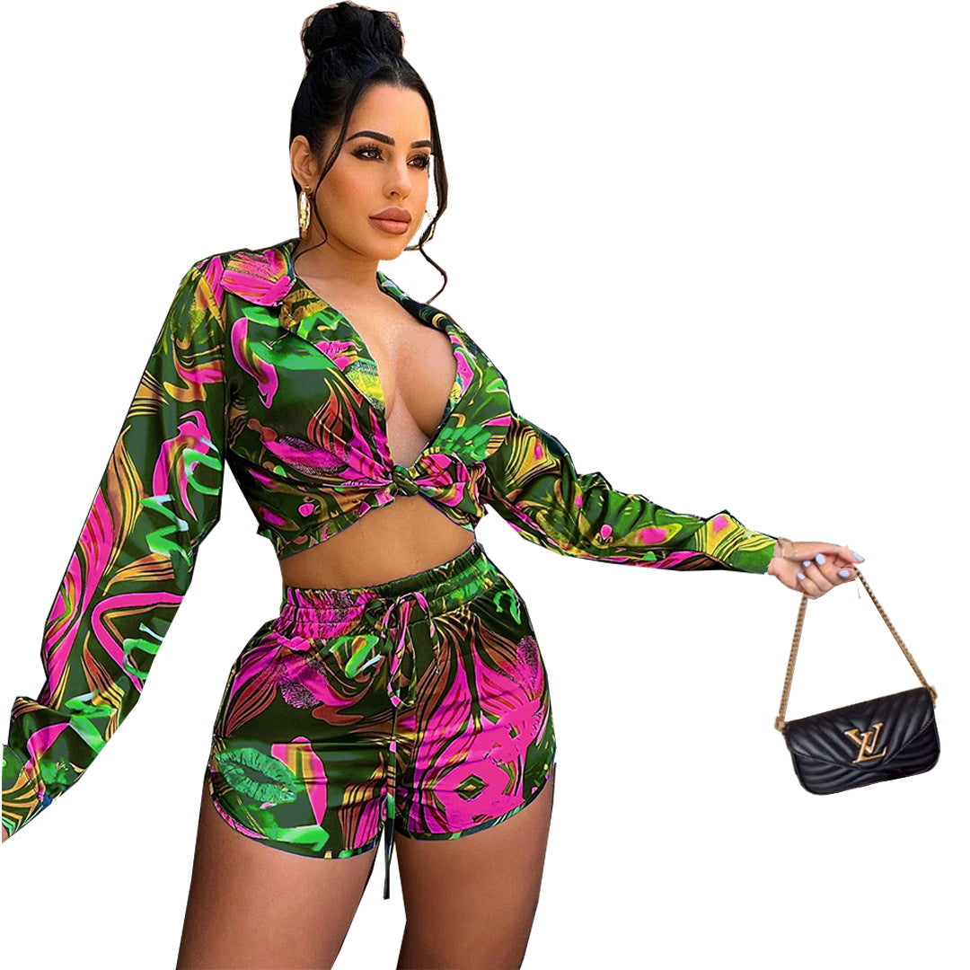 Womens Printed Short-Sleeve Shirt And Casual Hot-Pants Set