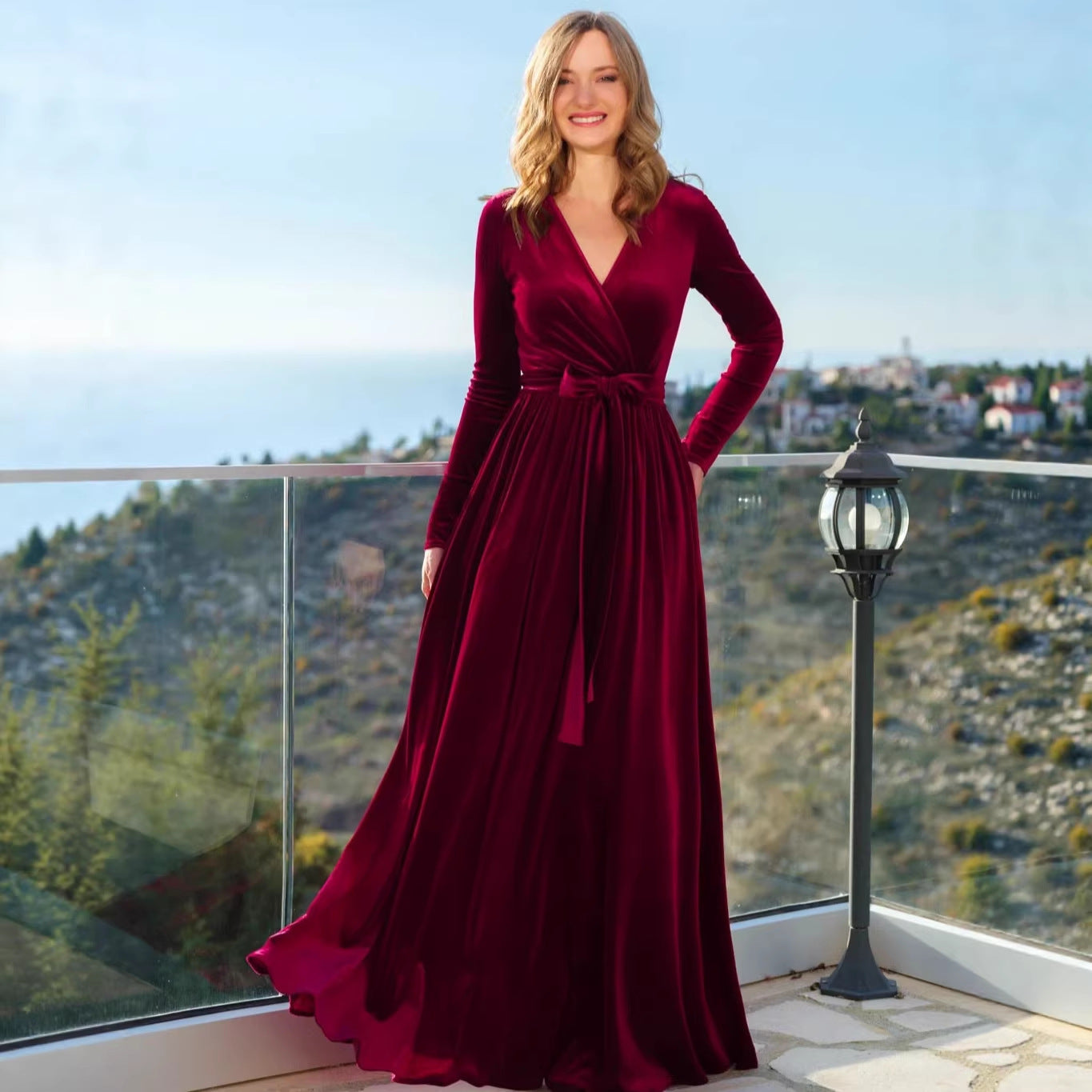 Women's Korean Fleece Long V-Neck Dress