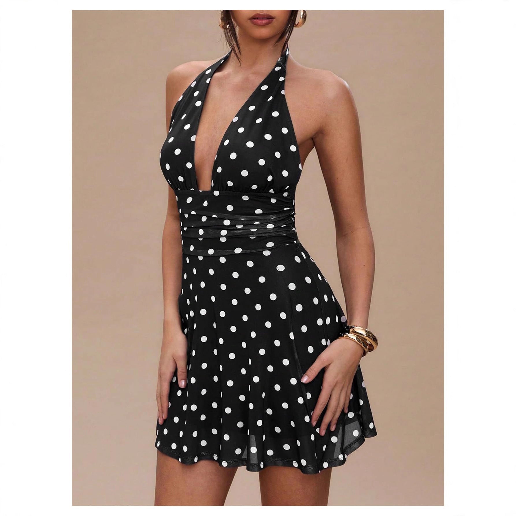 Womens Polka-Dot Ruffled Backless Halterneck Mini Dress