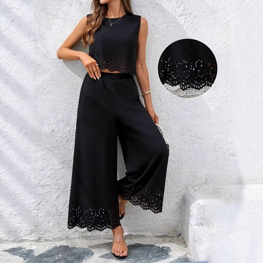 Fashionable Resort-Style Casual Hollow-Out Tank Top And Pants Two-Piece Set