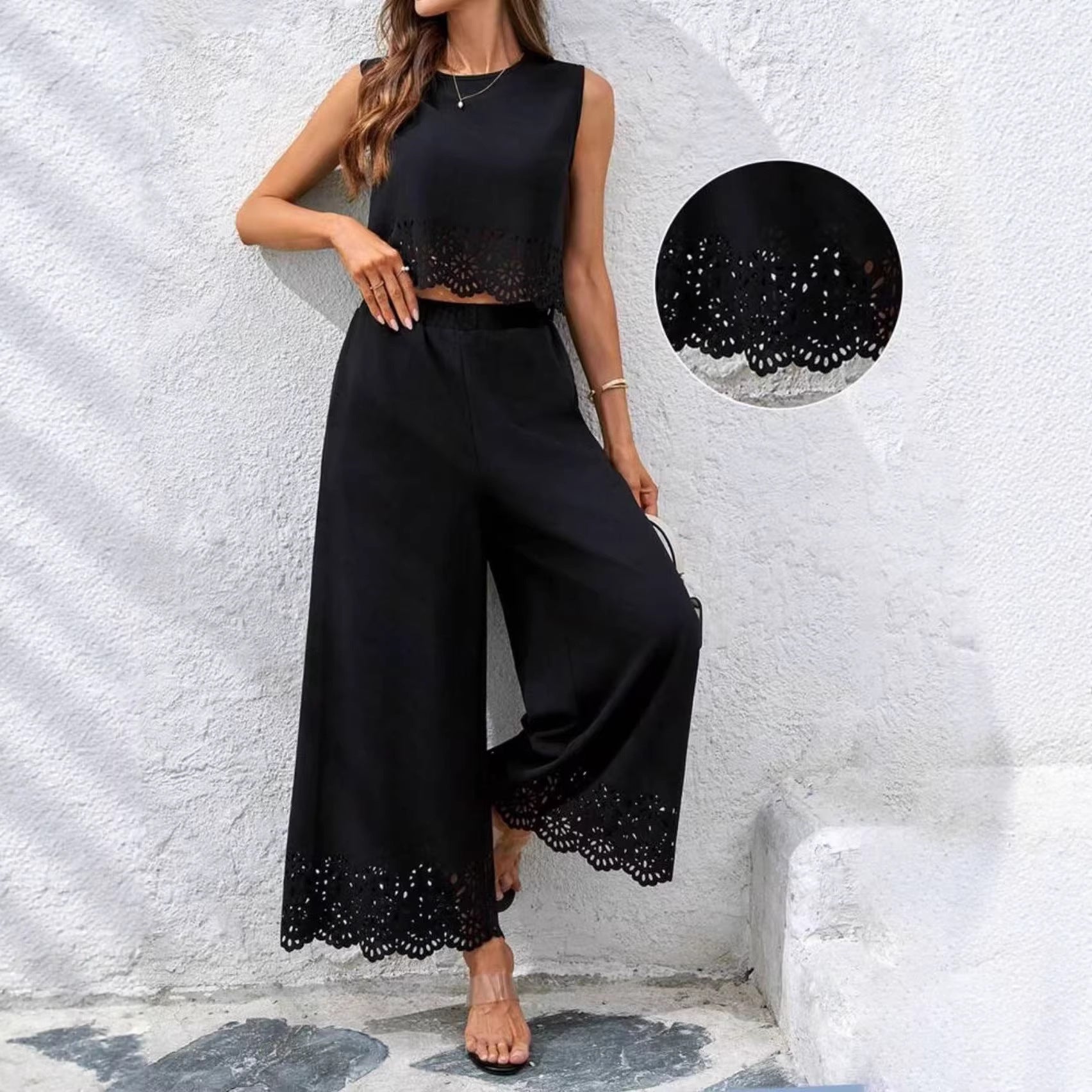 Fashionable Resort-Style Casual Hollow-Out Tank Top And Pants Two-Piece Set