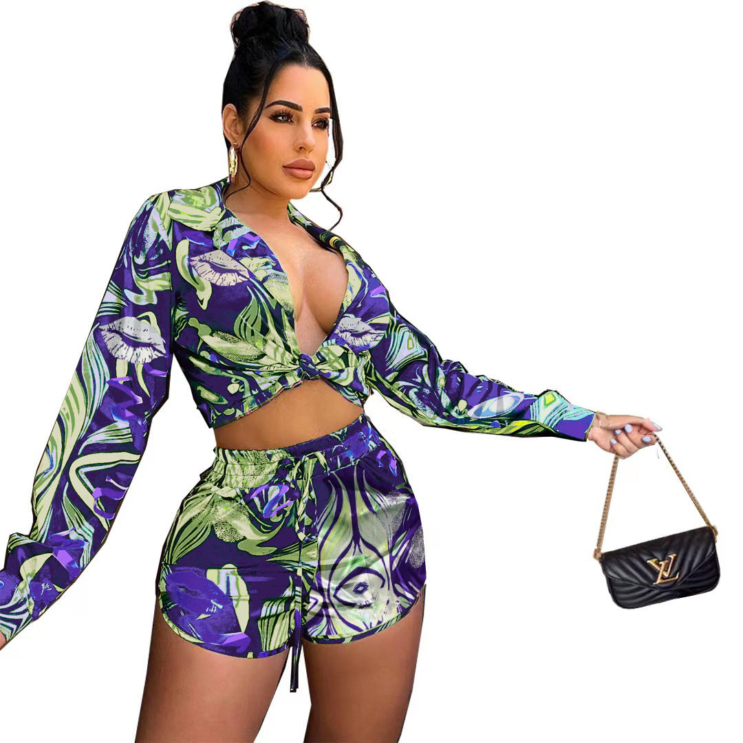 Womens Printed Short-Sleeve Shirt And Casual Hot-Pants Set