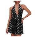 Womens Polka-Dot Ruffled Backless Halterneck Mini Dress