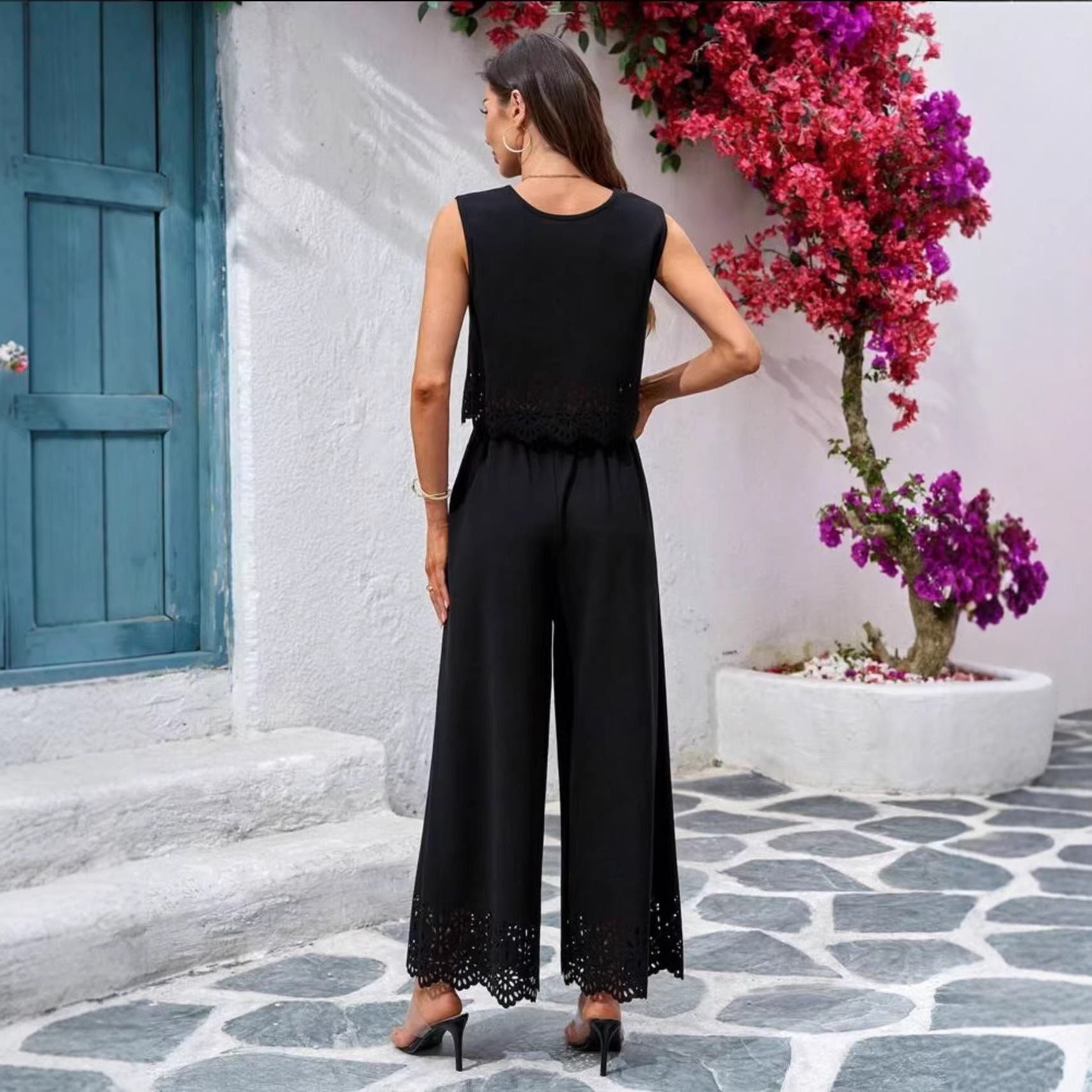 Fashionable Resort-Style Casual Hollow-Out Tank Top And Pants Two-Piece Set