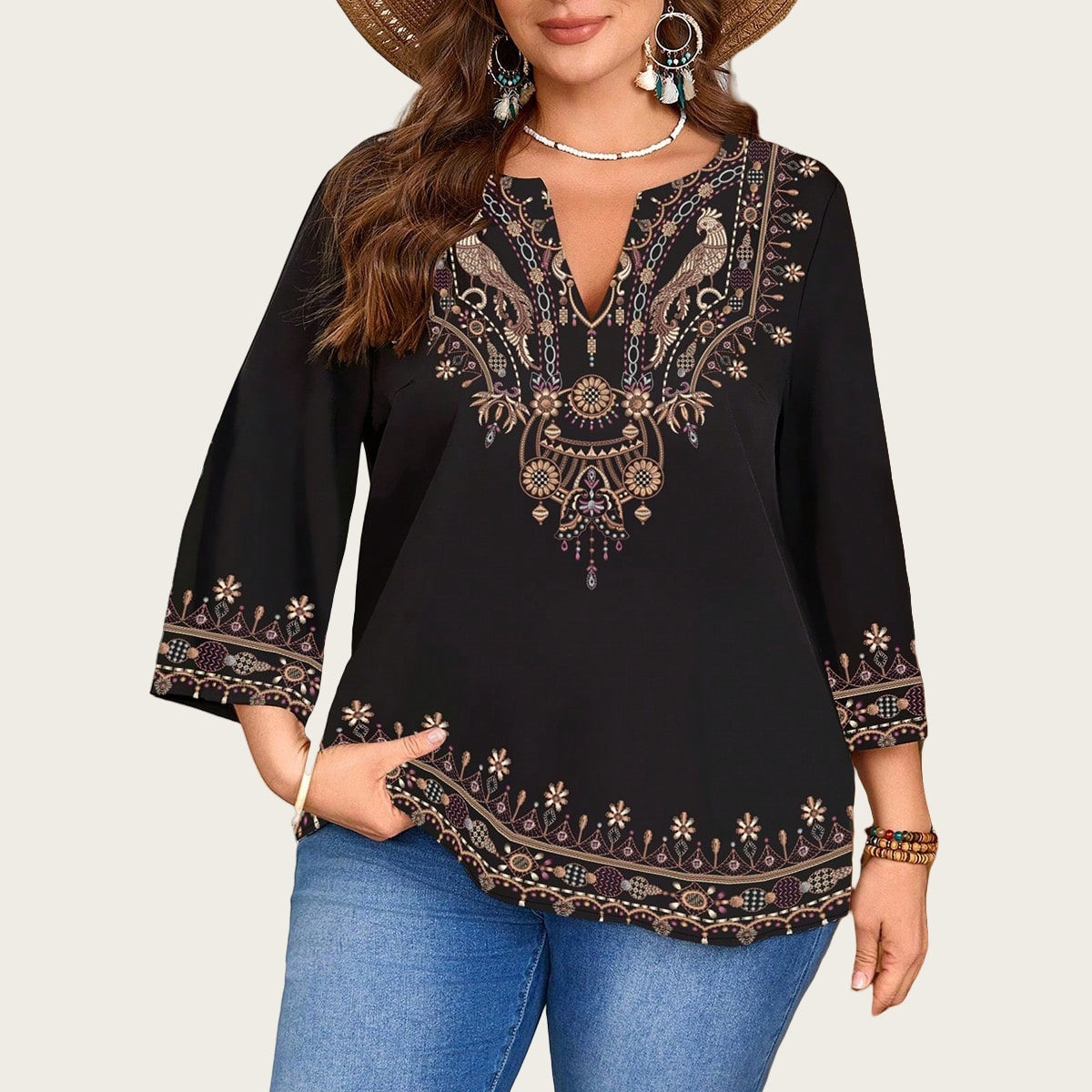 Fashionable Casual V-Neck Ethnic-Style Printed Three-Quarter-Sleeve Shirt Top
