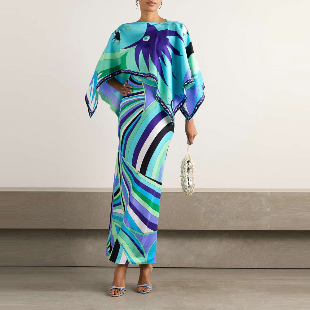Irregular Print Shawl Dress Two-Piece Set