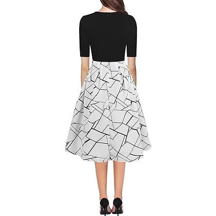 Retro Patchwork Casual Puff Skirt With Pockets