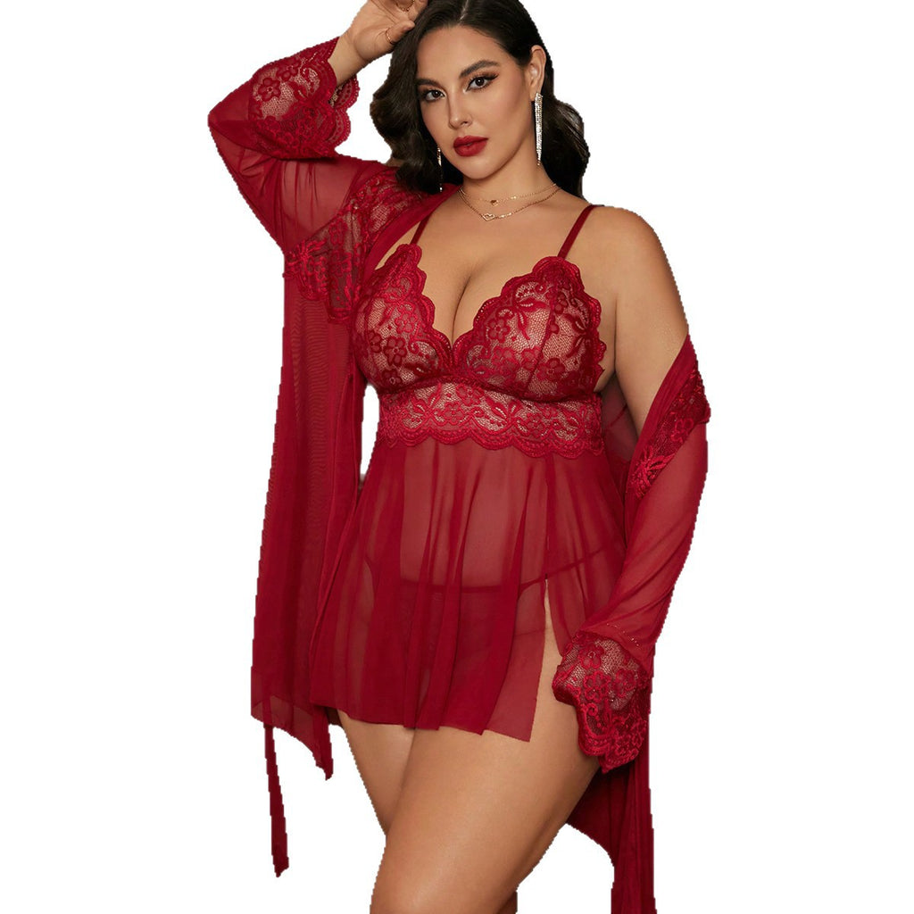 Lace-satin-trimmed Mesh Nightgown And Robe Set