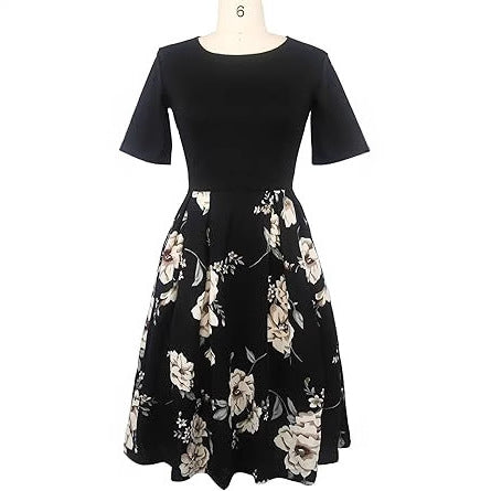 Retro Patchwork Casual Puff Skirt With Pockets