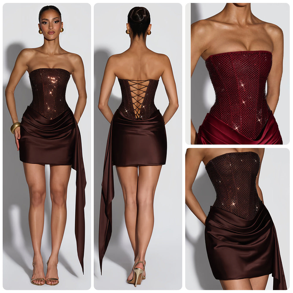 Women's Strapless Glittering Diamond Waist-Cinching Dress