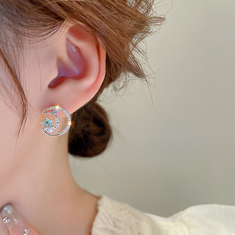 Moon Star Stud Earrings For Women Blue Zircon Crystal Earrings 925 Sterling Silver Needle Cute Celestial Jewelry