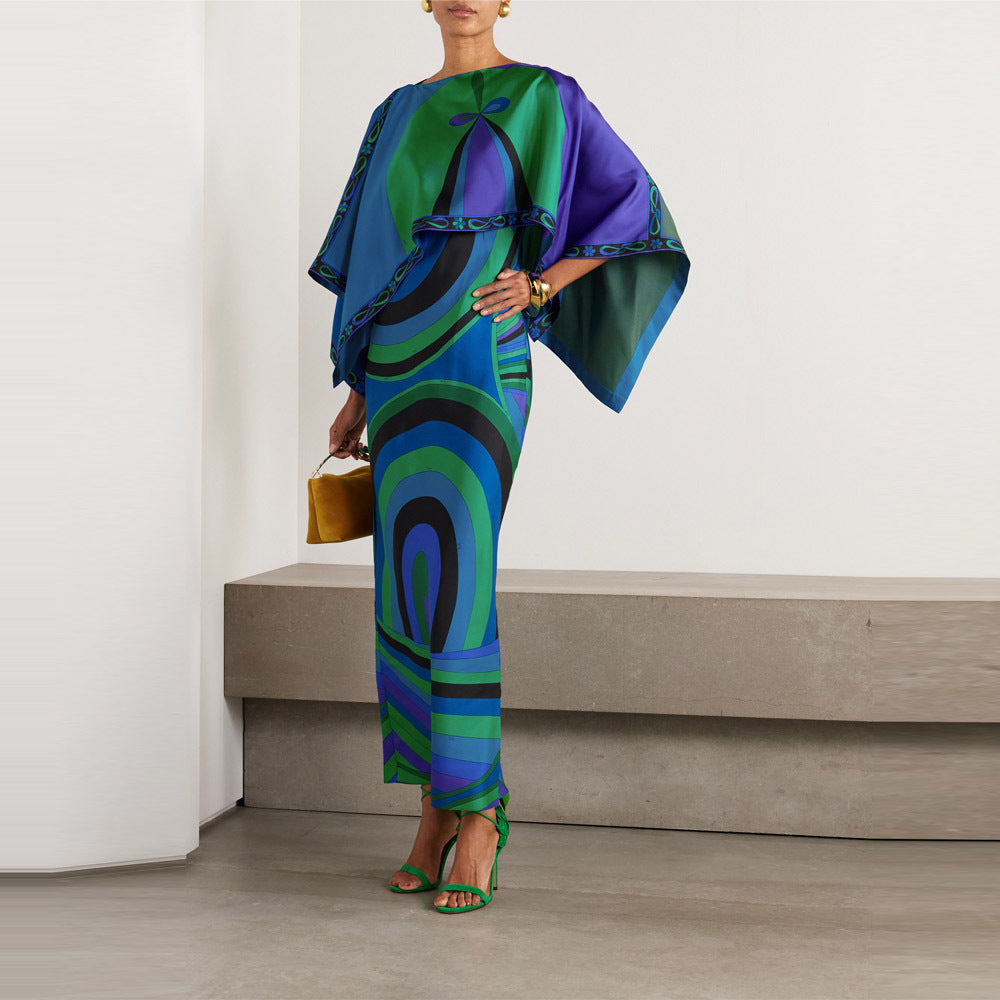 Irregular Print Shawl Dress Two-Piece Set