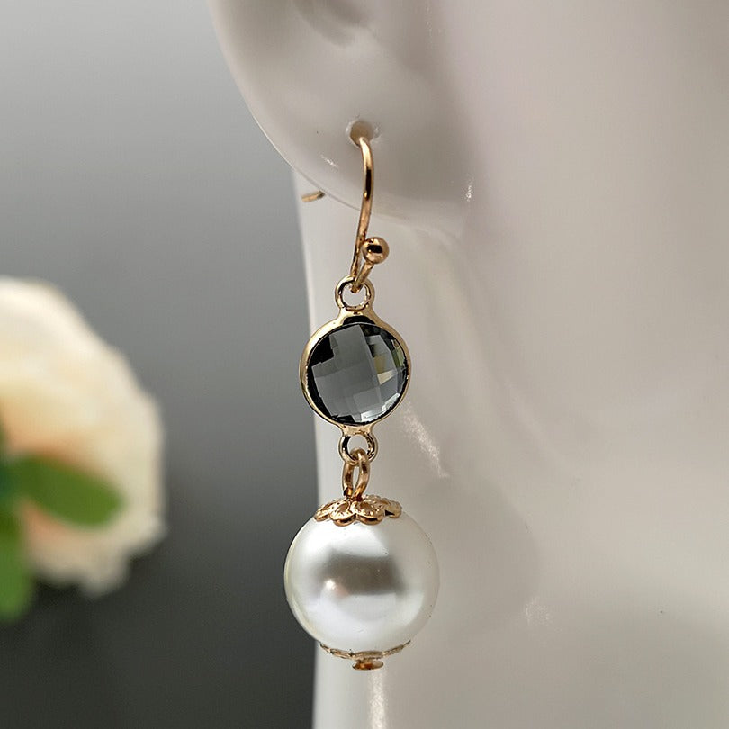 Metal-bezel Crystal Gemstone Pearl Earrings