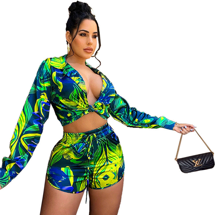 Womens Printed Short-Sleeve Shirt And Casual Hot-Pants Set