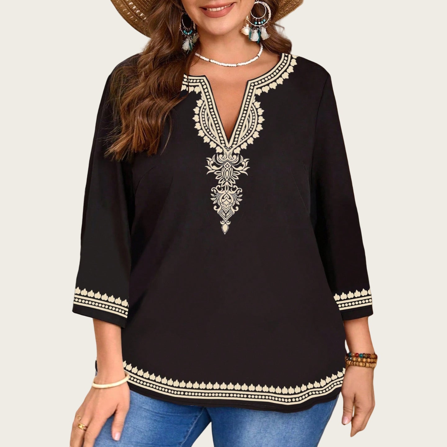 Fashionable Casual V-Neck Ethnic-Style Printed Three-Quarter-Sleeve Shirt Top