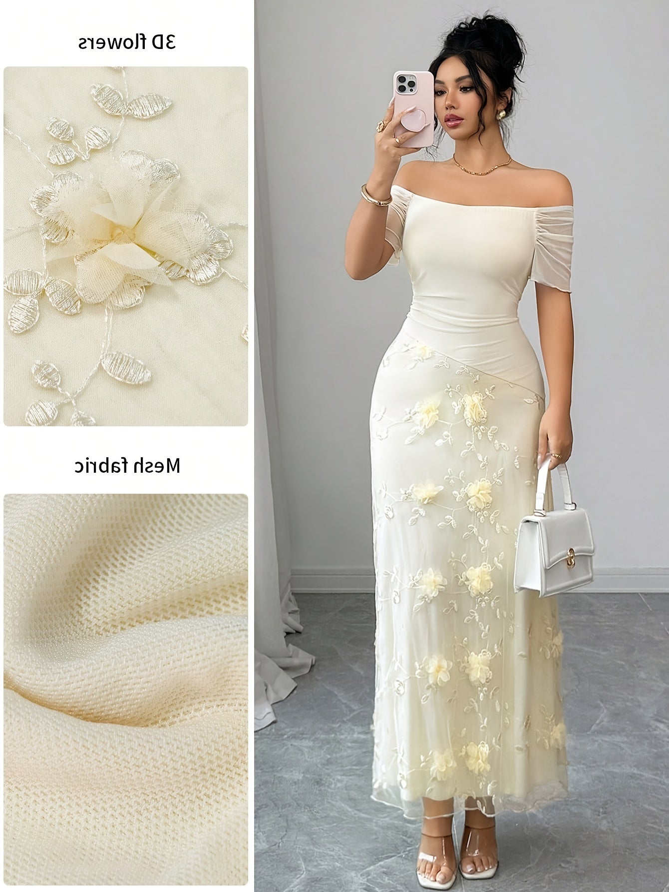 A New Elegant And Three-dimensional Floral Fabric Spliced Off-the-shoulder, Figure-hugging Mesh Mid-length Dress For Women In Summer