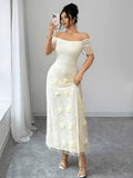 A New Elegant And Three-dimensional Floral Fabric Spliced Off-the-shoulder, Figure-hugging Mesh Mid-length Dress For Women In Summer