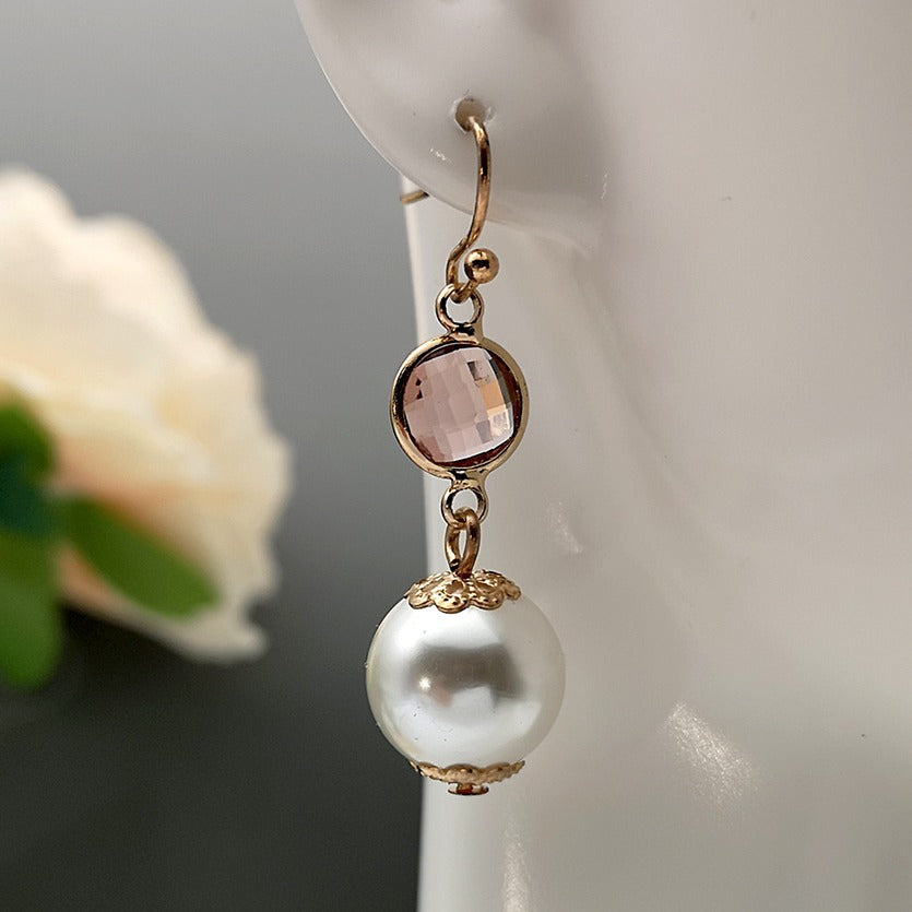 Metal-bezel Crystal Gemstone Pearl Earrings