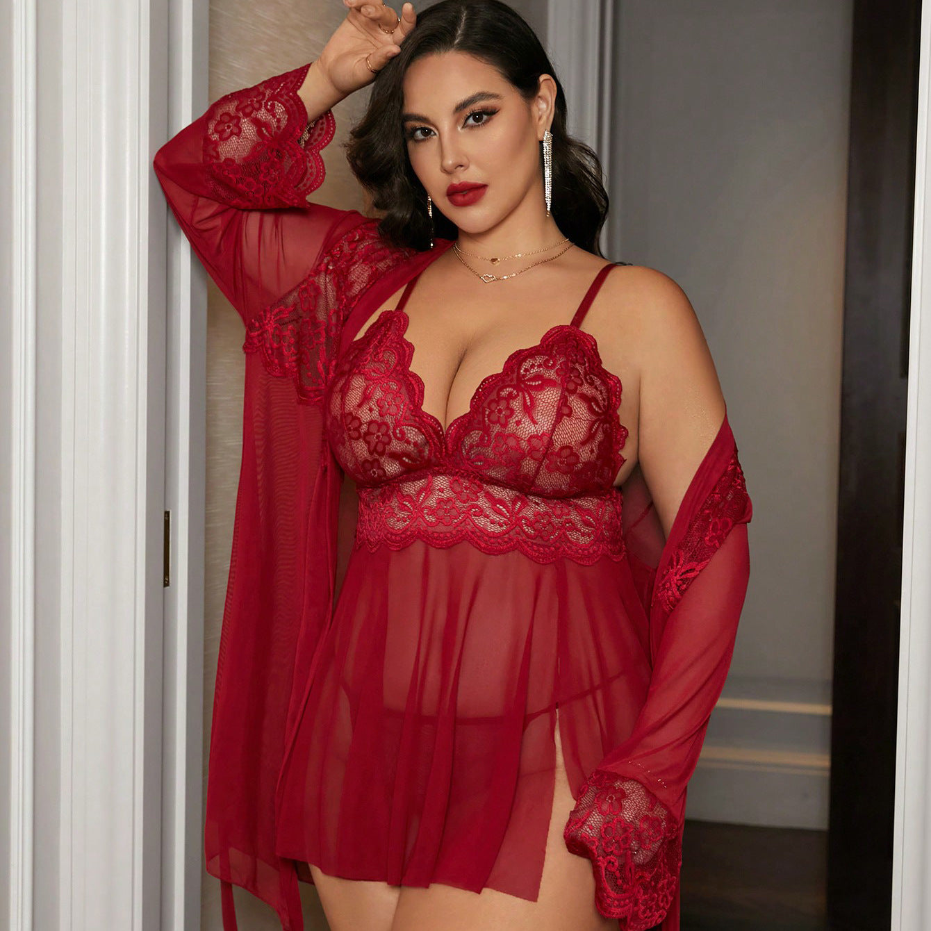 Lace-satin-trimmed Mesh Nightgown And Robe Set
